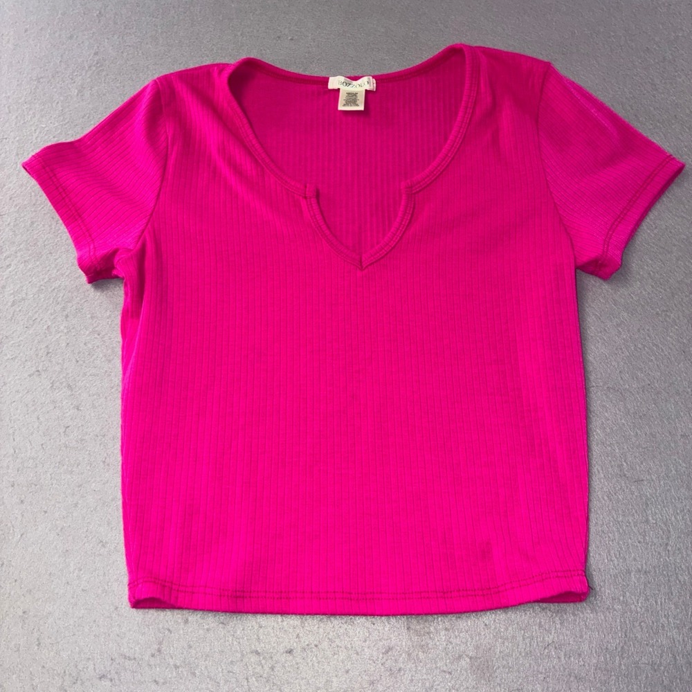 304 Bozzolo Ribbed Notched V-Neck Top Medium Pink Short Sleeve Cropped